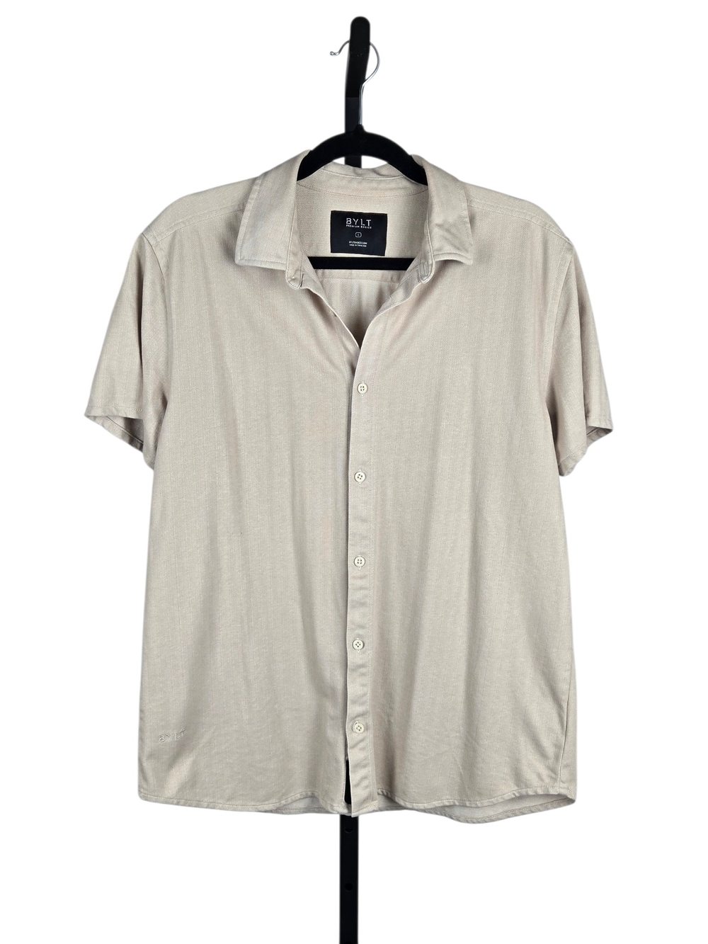 BYLT Herringbone Short Sleeve Button Down Drop Cut Cotton Dove Beige Large